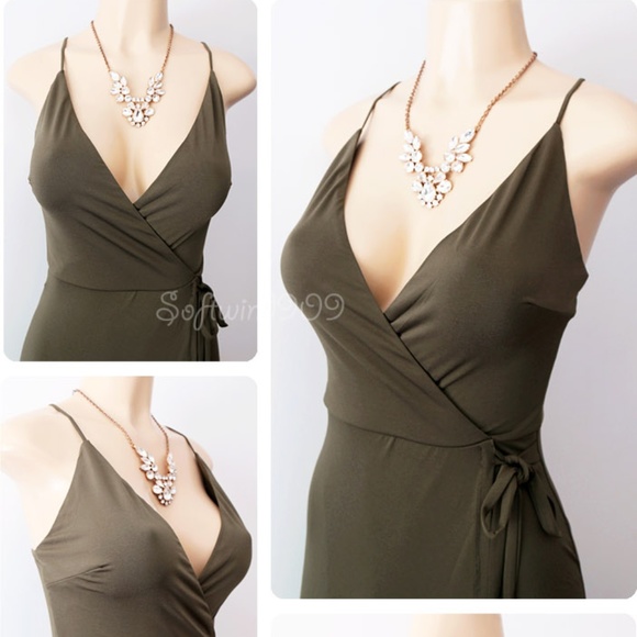Last☝️ Olive Green Plunge Surplice Maxi Wrap Dress - Picture 3 of 8